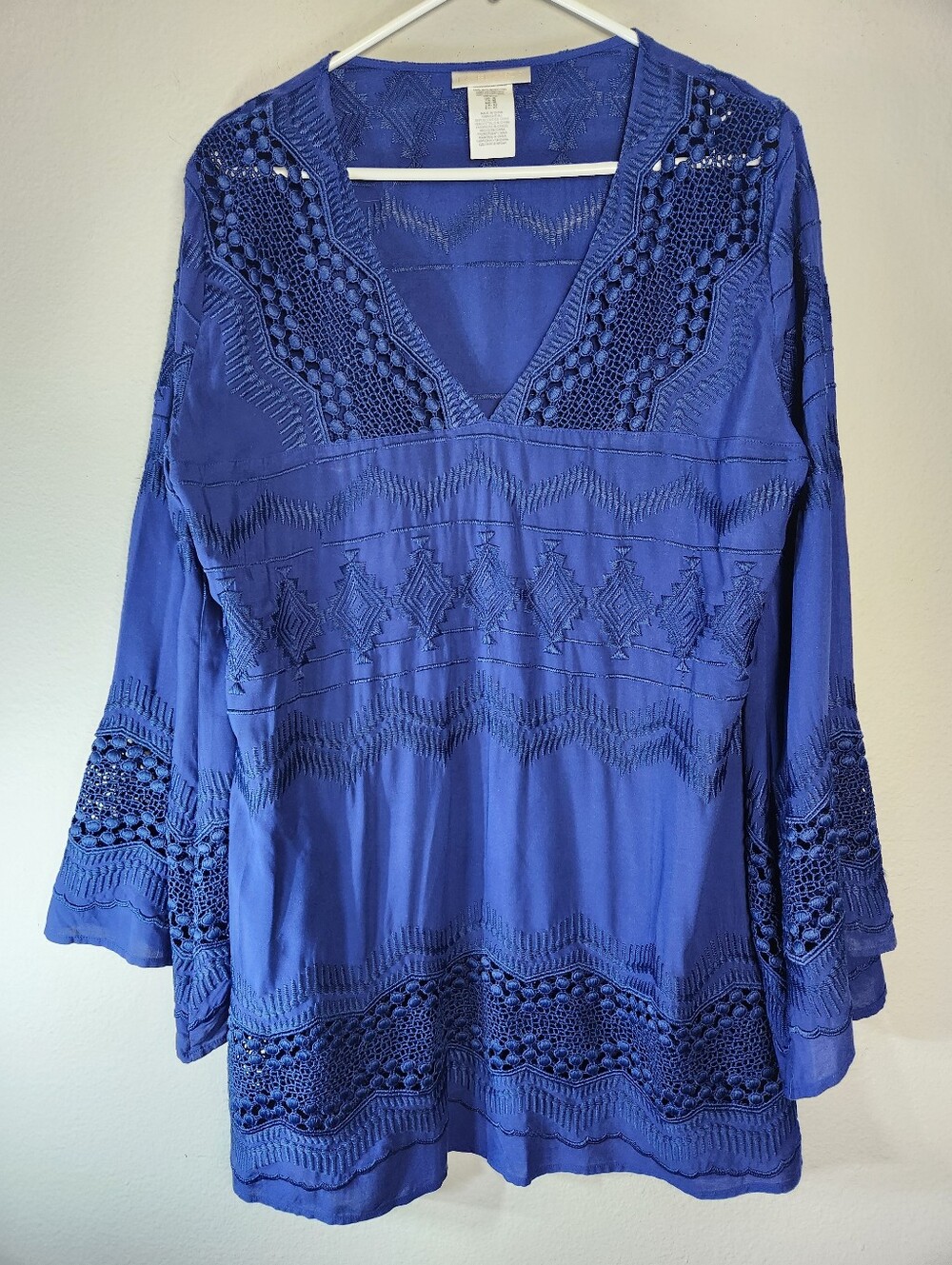 La Blanca Womens |M| Island Fare Blue Crochet/Embroidered Tunic Swim Cover Up